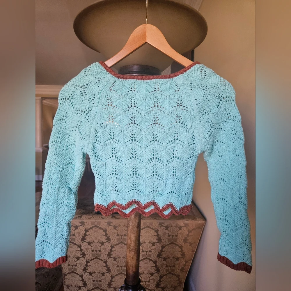 NWOT Urban Outfitters Aqua Open-Knit Sweater with Brown Trim - Picture 8 of 17